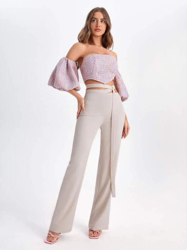 CM-TS649327 Women Elegant Seoul Style Off Shoulder Lantern Sleeve Asymmetrical Hem Crop Top