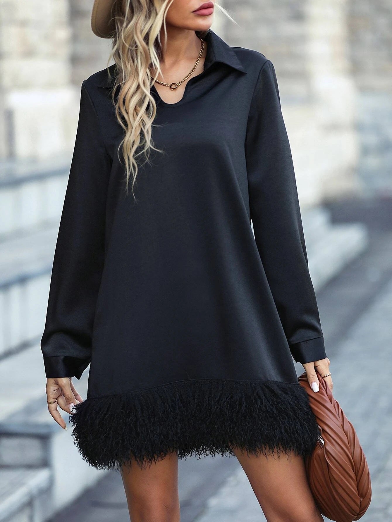 CM-DS098728 Women Elegant Seoul Style Collar Neckline Solid Fuzzy Hem Tunic Dress - Black
