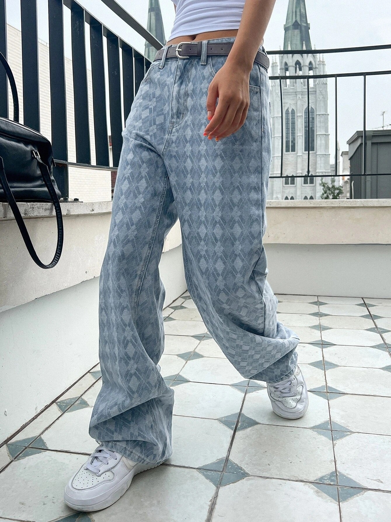 CM-BS232339 Women Preppy Seoul Style Light Wash Argyle Pattern Wide Leg Jeans
