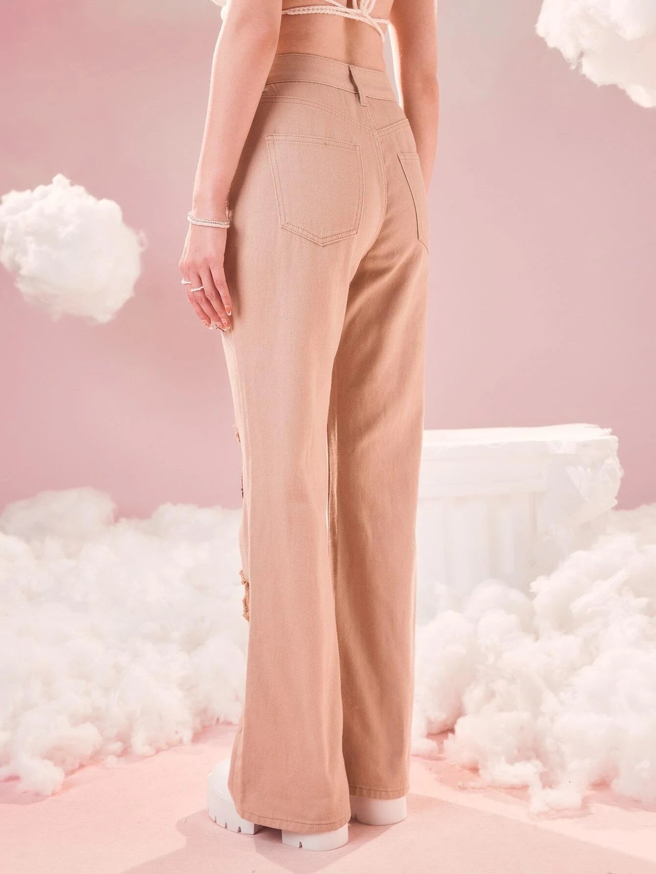 CM-BS173513 Women Preppy Seoul Style Heart Pattern Flare Leg Jeans - Apricot