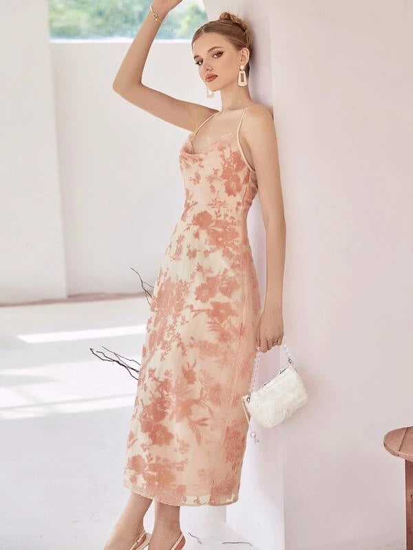 CM-DS546881 Women Casual Seoul Style Floral Print Criss Cross Back Draped Cami Dress