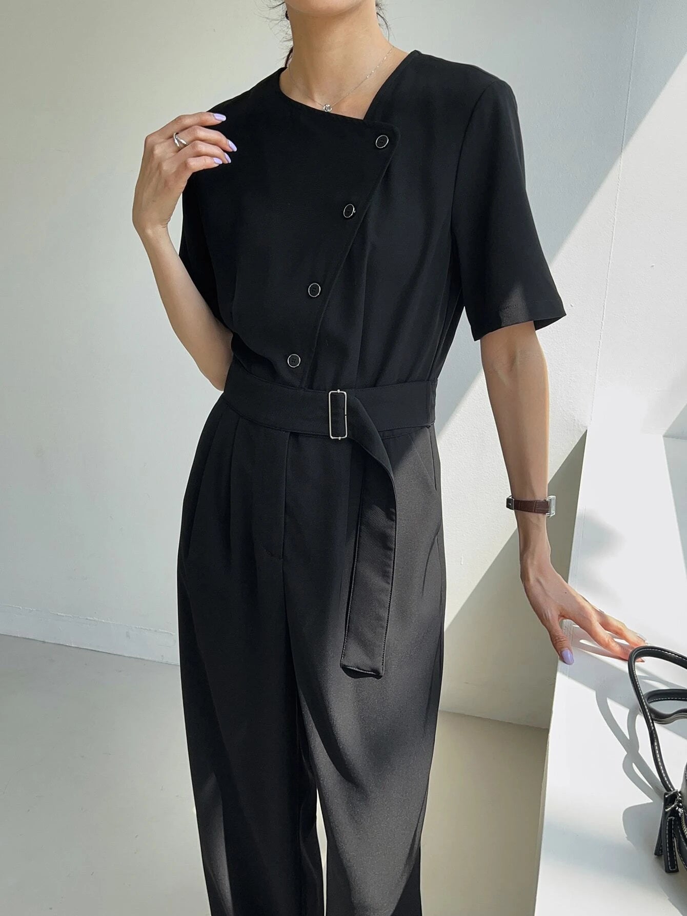CM-JS205721 Women Casual Seoul Style Solid Button Front Slant Pocket Buckle Jumpsuit
