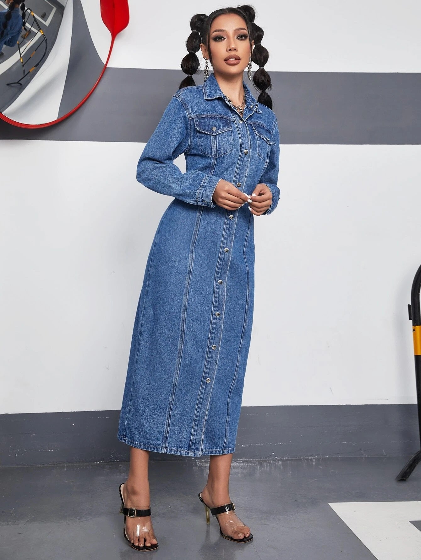 CM-DS932393 Women Preppy Seoul Style Dark Wash Flap Pocket Button Front Denim Dress