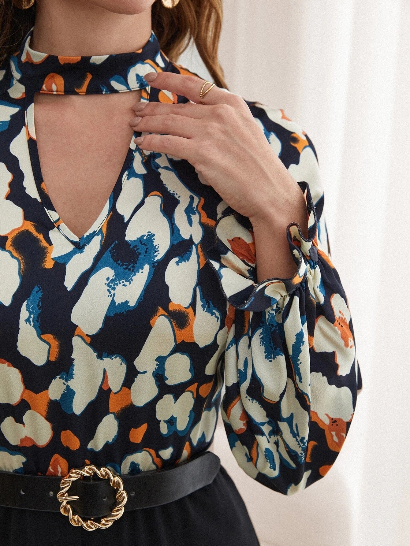 CM-JS722711 Women Casual Seoul Style Long Sleeve Graphic Print Choker Neck Jumpsuit