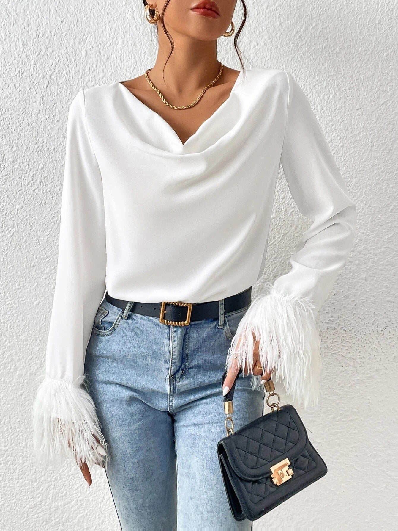 CM-TS577189 Women Elegant Seoul Style Draped Collar Fuzzy Cuff Blouse - White