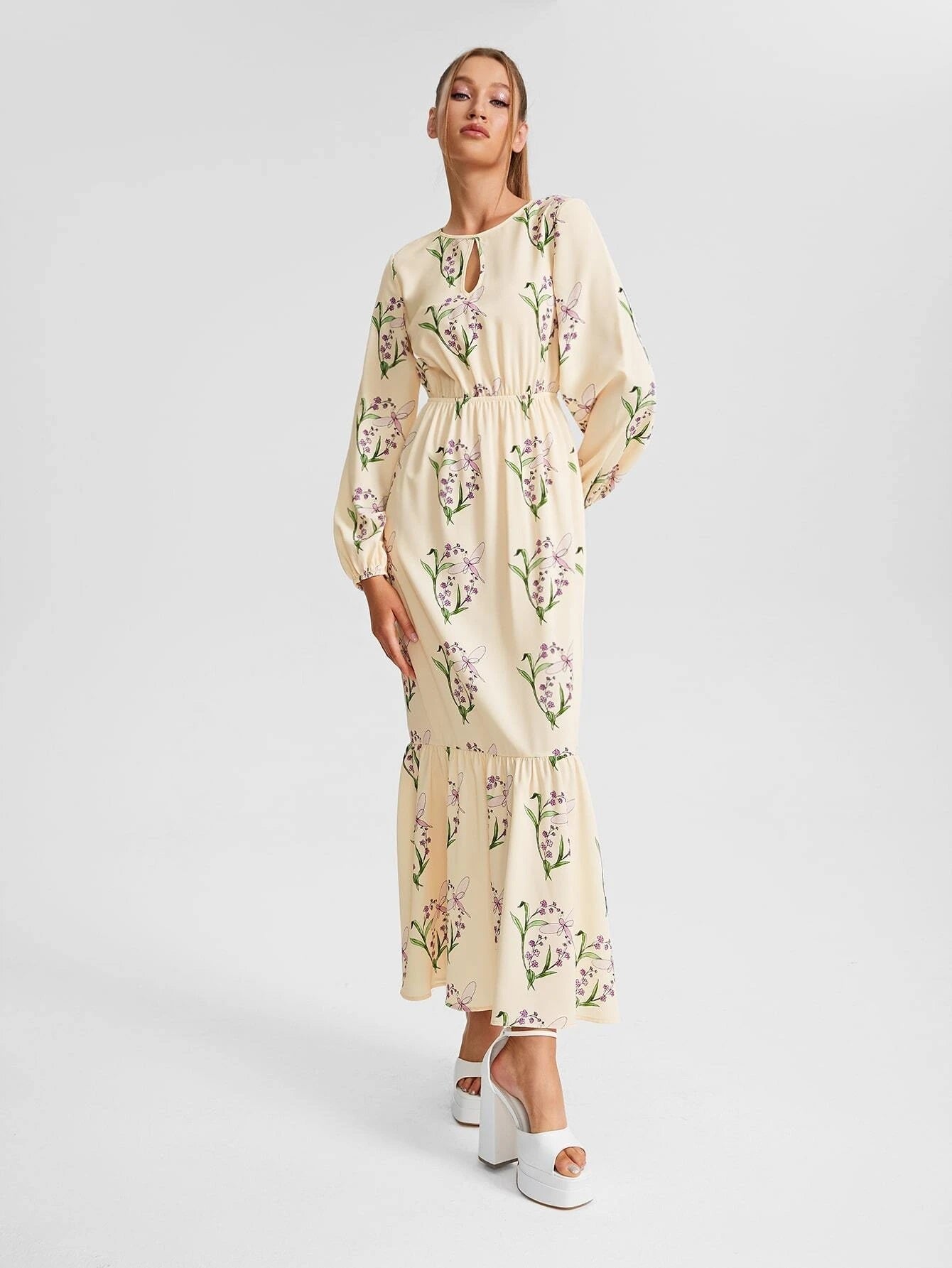 CM-DS552858 Women Casual Seoul Style Floral Print Keyhole Neck Lantern Sleeve Ruffle Hem Dress