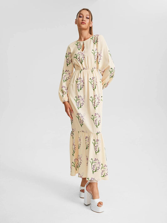CM-DS552858 Women Casual Seoul Style Floral Print Keyhole Neck Lantern Sleeve Ruffle Hem Dress