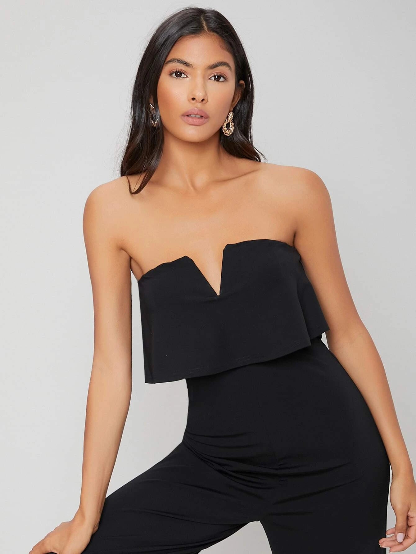 CM-JS126427 Women Elegant Seoul Style Tube V-Bar Sleeveless Jumpsuit - Black