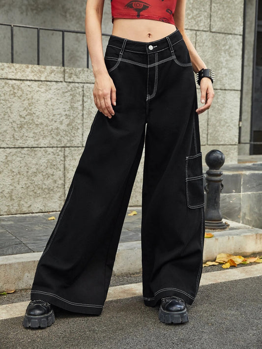 CM-BS971979 Women Preppy Seoul Style Grunge Punk Solid Wide Leg Jeans - Black