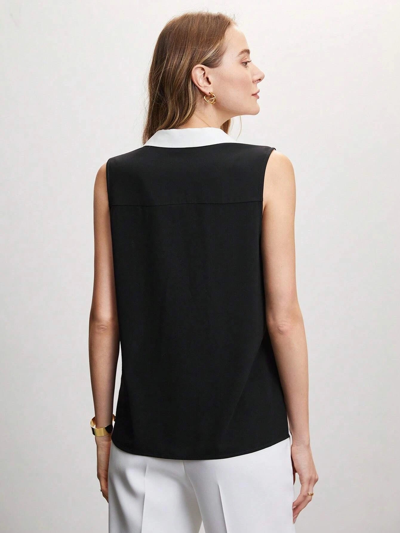 CM-TS343394 Women Elegant Seoul Style Sleeveless Two Tone Chain Embellished Blouse