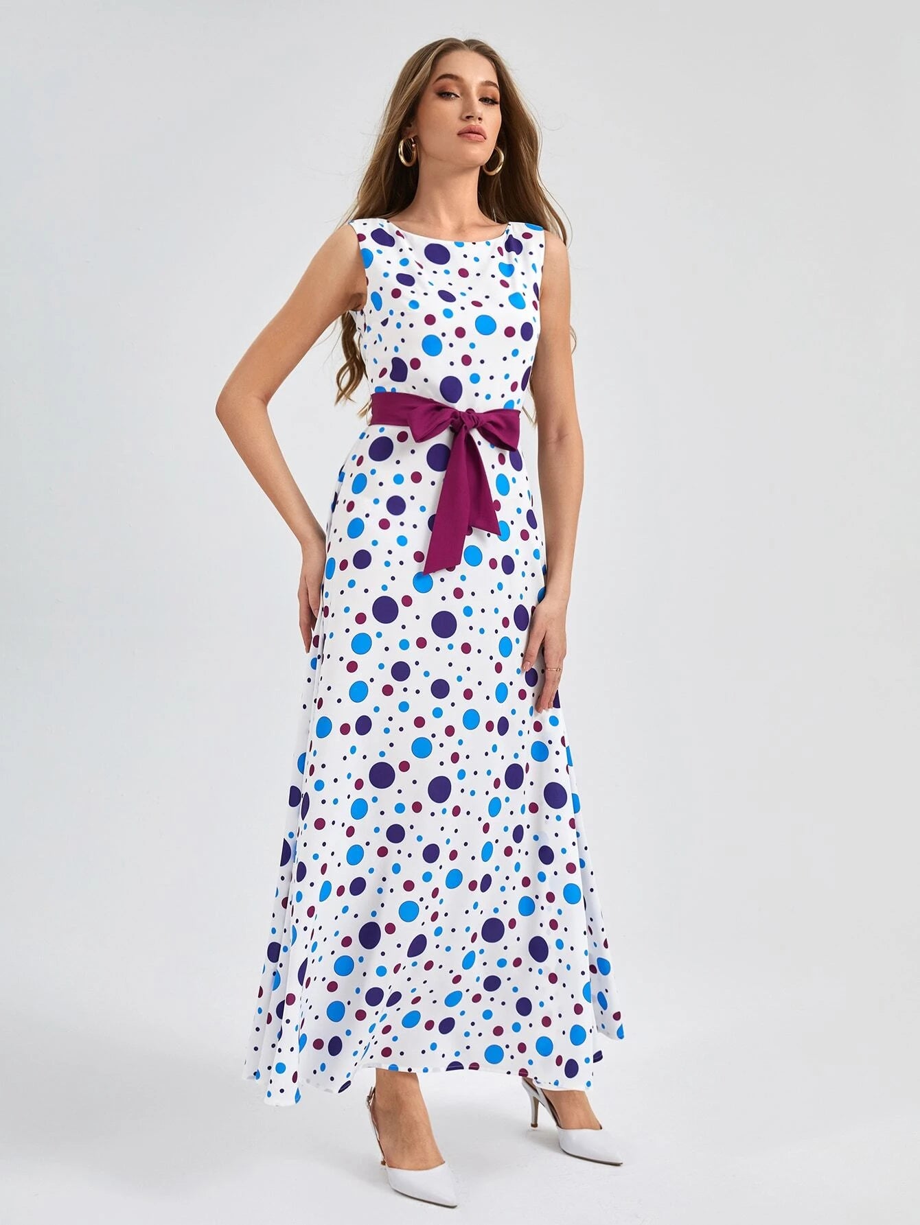 CM-DS833543 Women Elegant Seoul Style Sleeveless Polka Dot Belted A-Line Dress