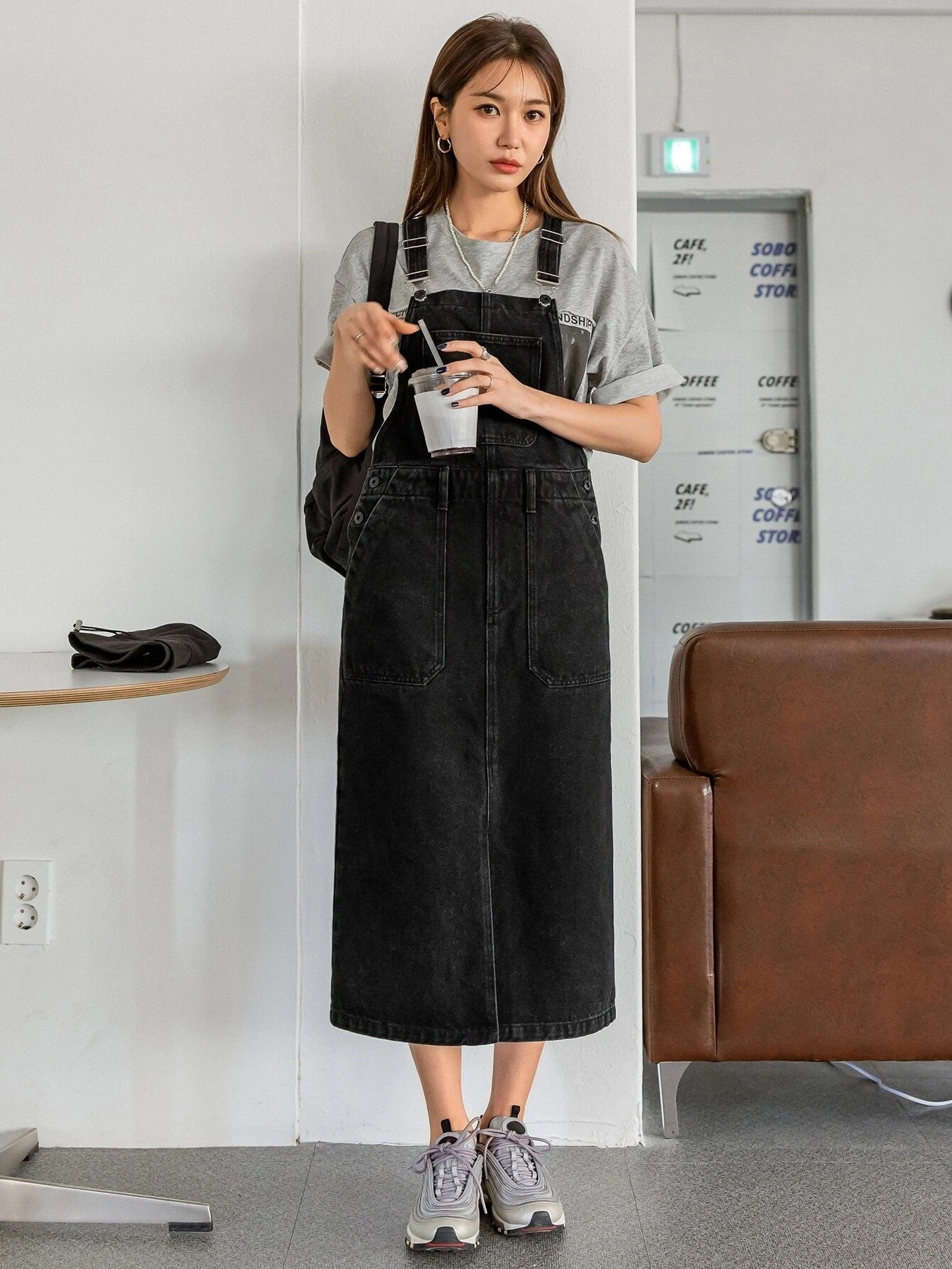 CM-DS418881 Women Preppy Seoul Style Slant Pockets Slit Front Denim Overall Dress - Black