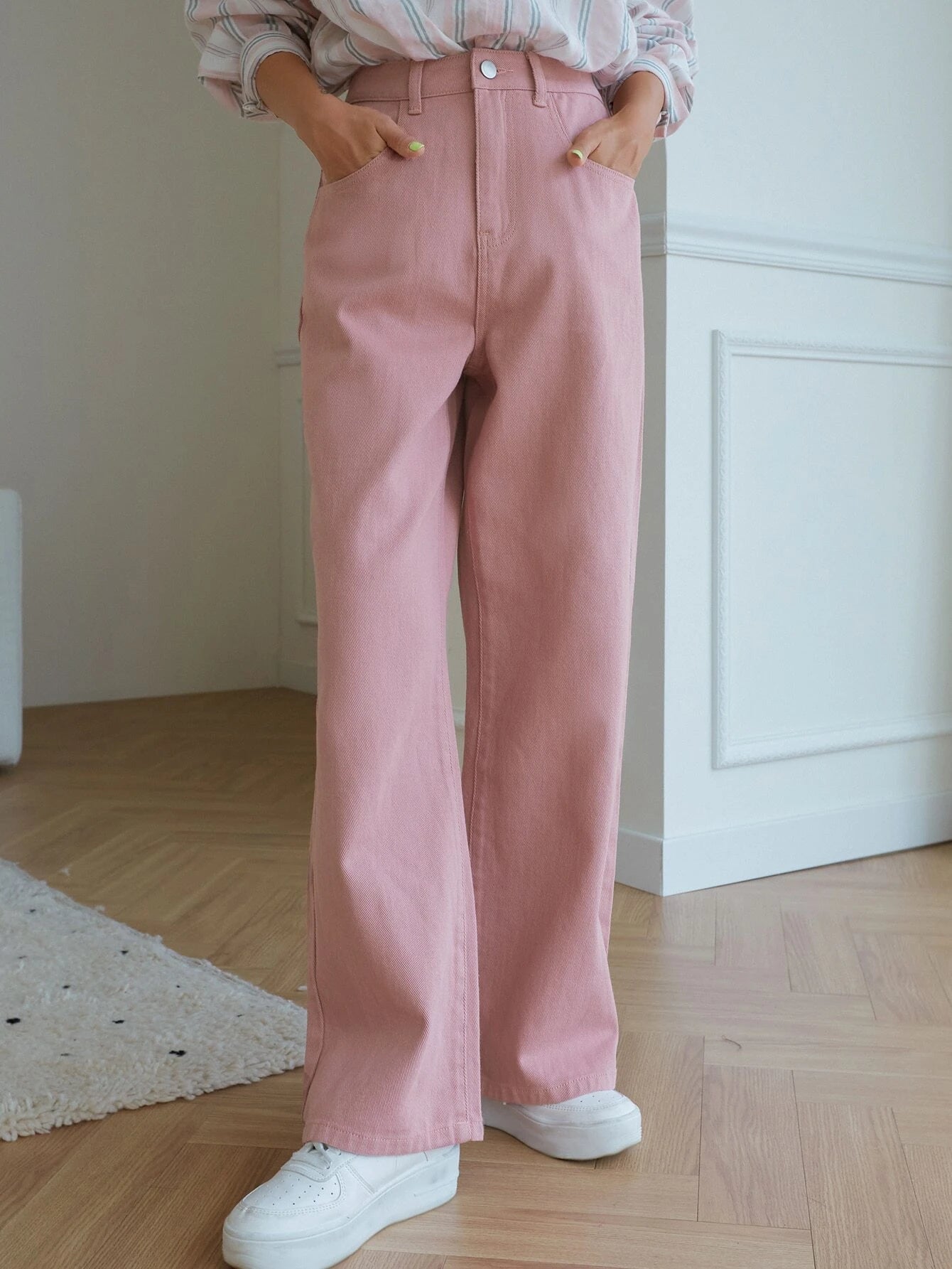 CM-BS431016 Women Casual Seoul Style High Waist Wide Leg Jeans - Pink