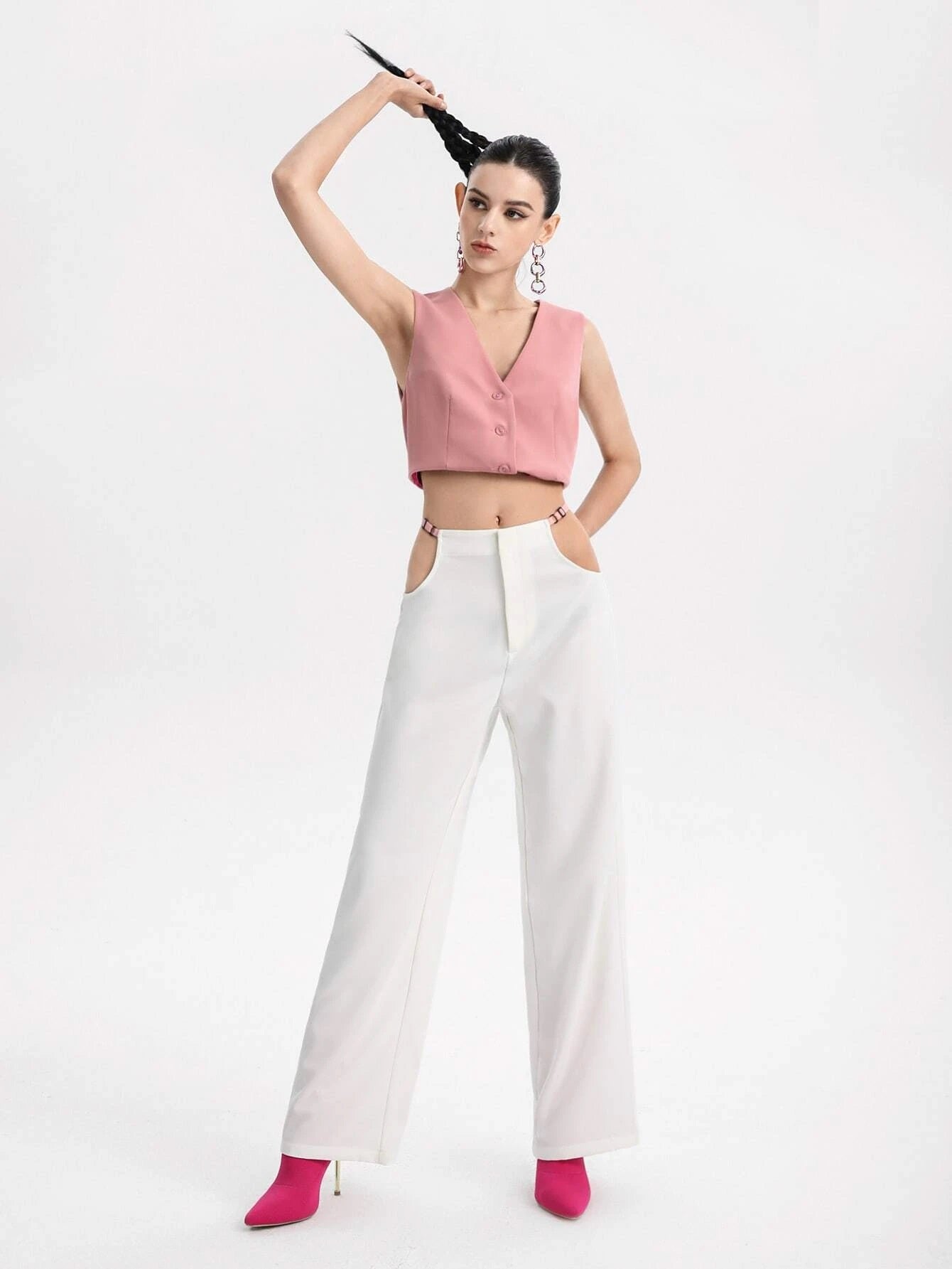 CM-BS139161 Women Casual Seoul Style Cut Out Waist Wide Leg Pants - White