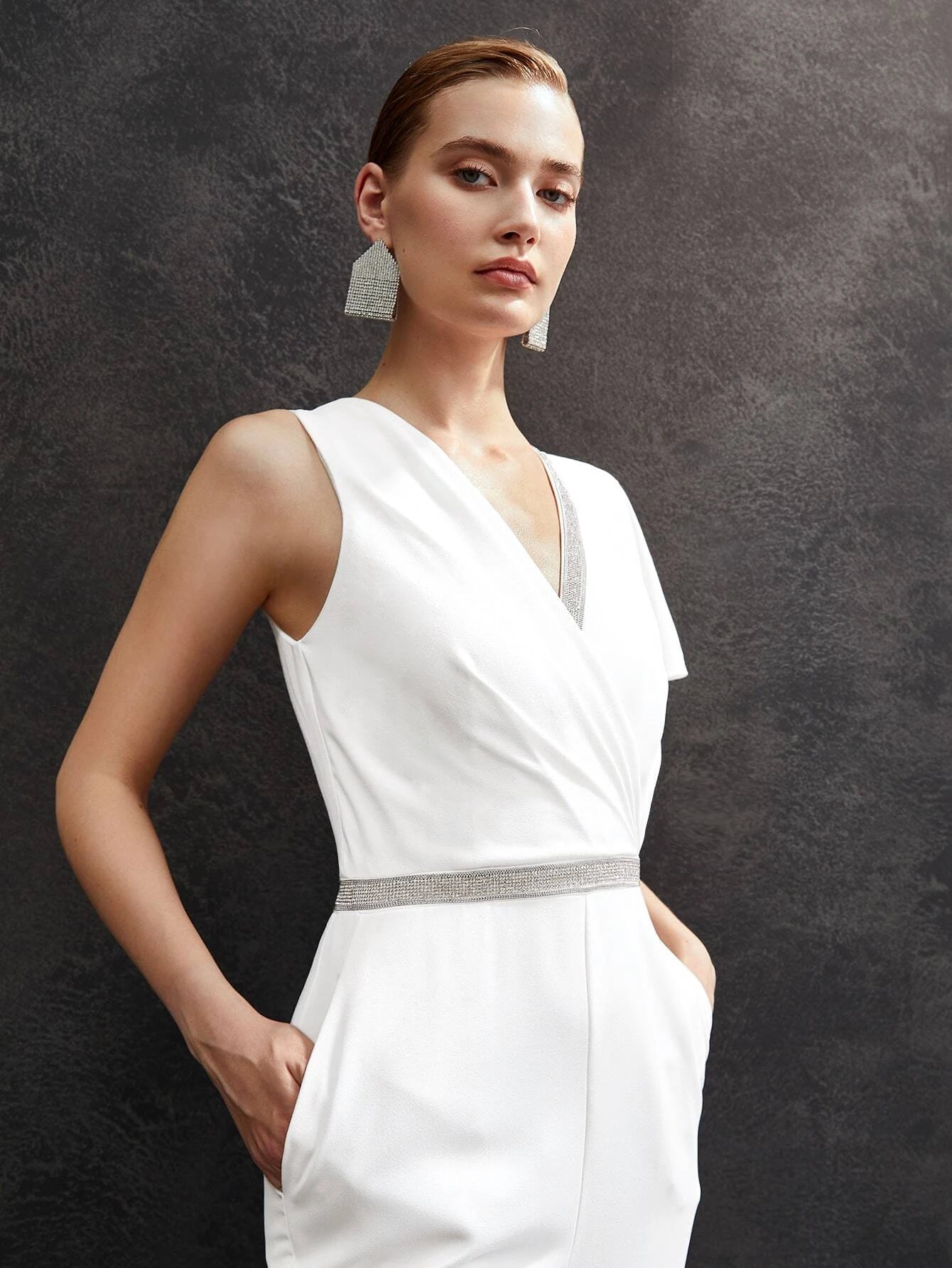 CM-JS651109 Women Elegant Seoul Style Glitter Tape Asymmetrical Jumpsuit - White