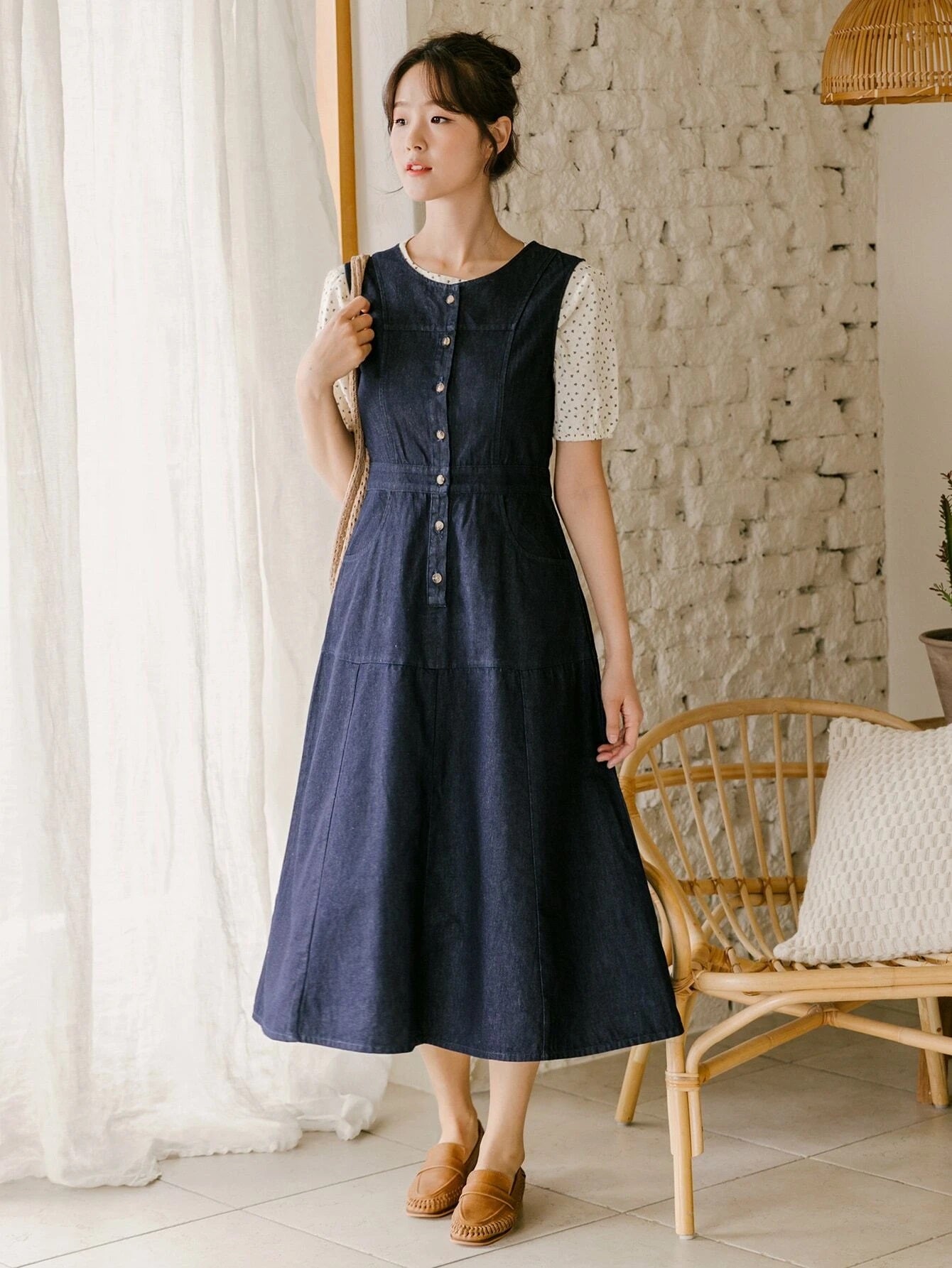 CM-DS916960 Women Casual Seoul Style Sleeveless Solid Button Front Denim Dress