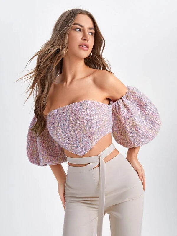 CM-TS649327 Women Elegant Seoul Style Off Shoulder Lantern Sleeve Asymmetrical Hem Crop Top