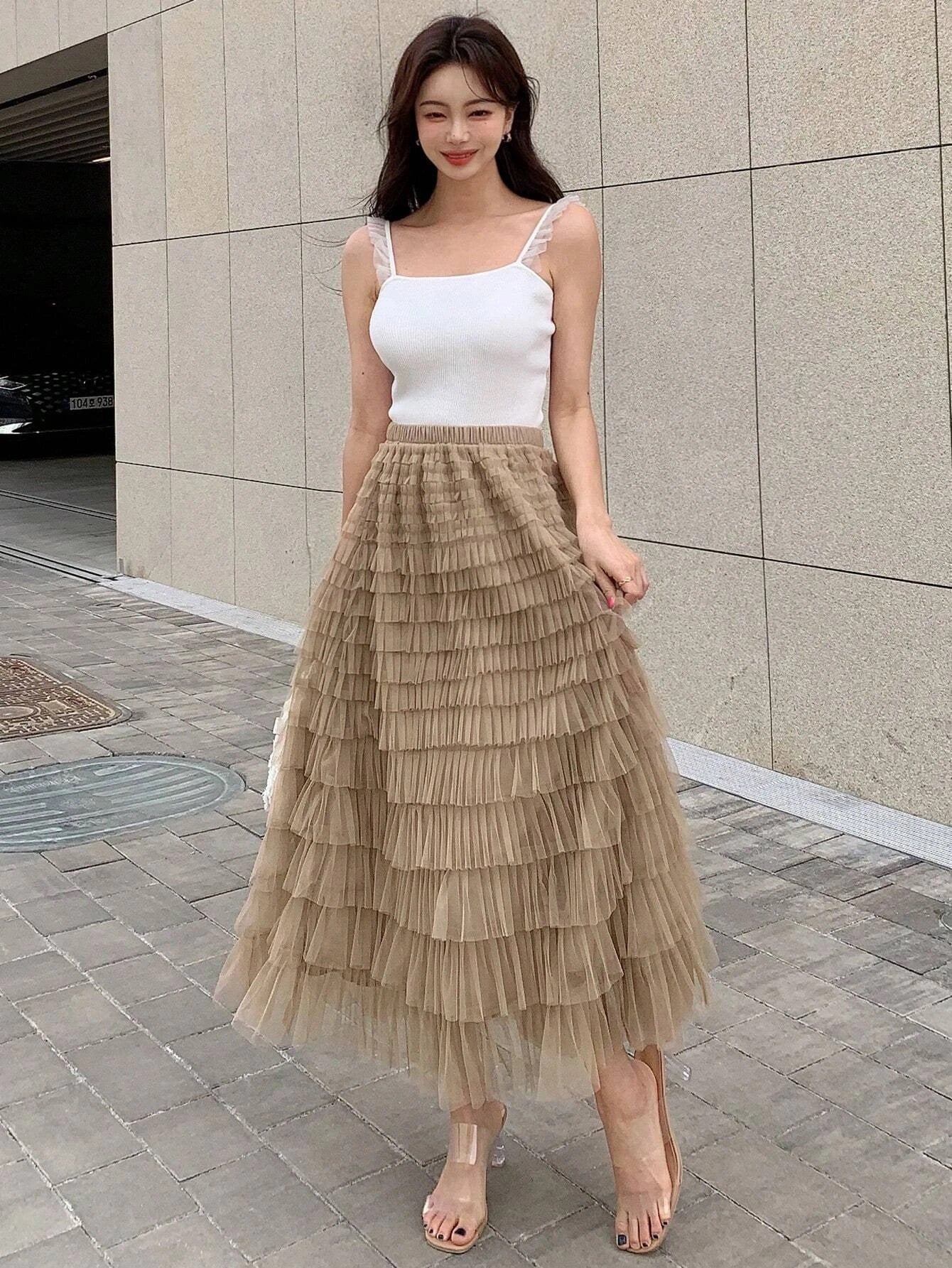 CM-BS317162 Women Casual Seoul Style Solid Layer Mesh Overlay Skirt - Khaki