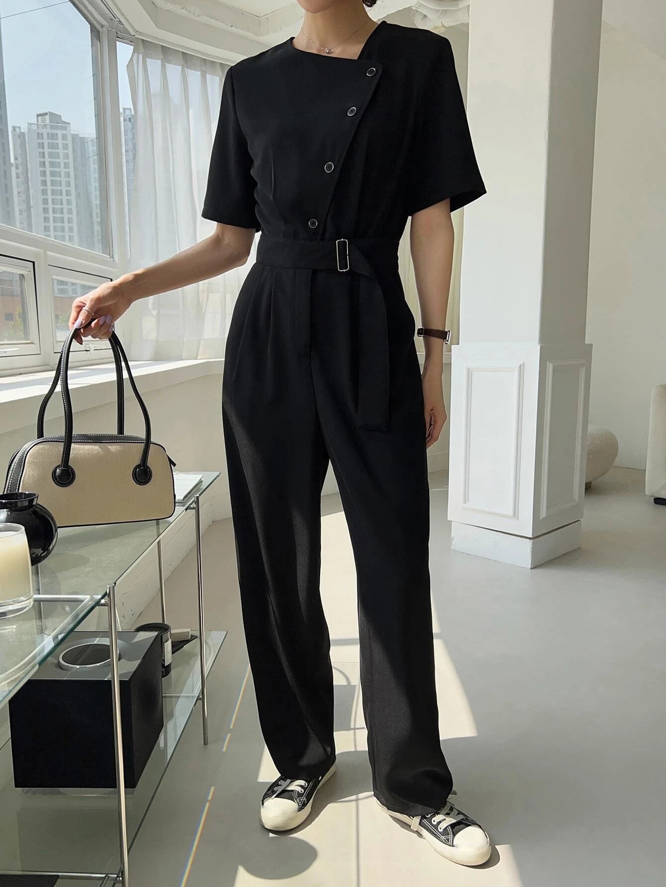 CM-JS205721 Women Casual Seoul Style Solid Button Front Slant Pocket Buckle Jumpsuit