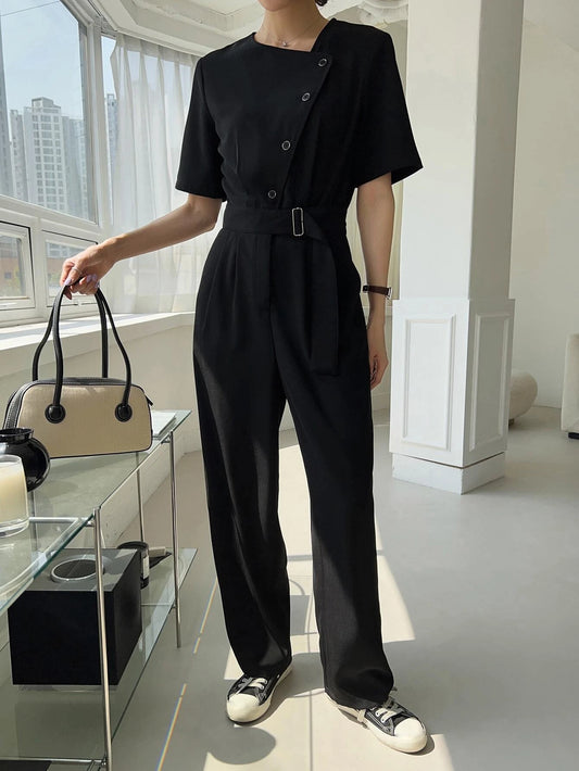 CM-JS205721 Women Casual Seoul Style Solid Button Front Slant Pocket Buckle Jumpsuit