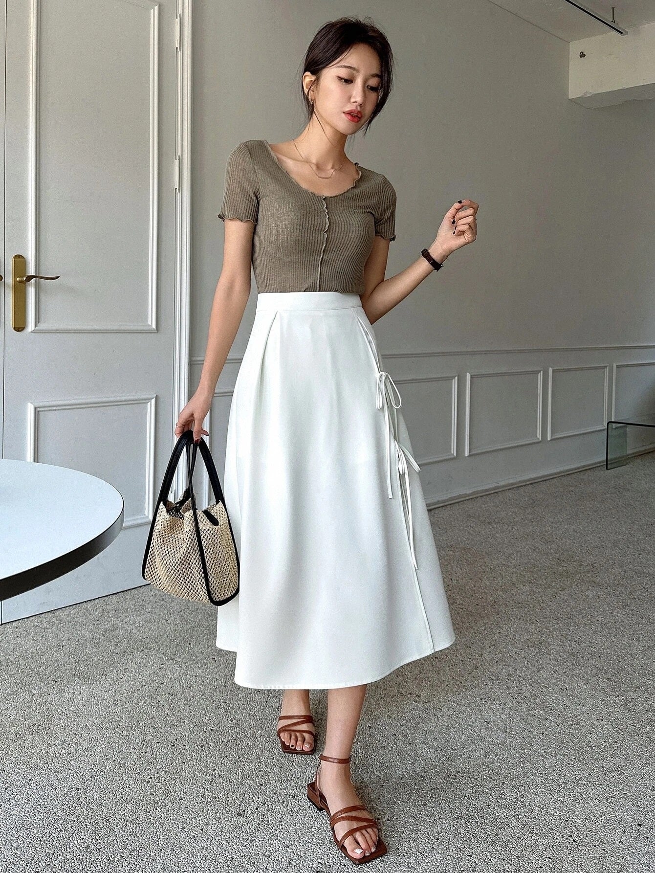 CM-BS084694 Women Casual Seoul Style High Waist Knot Side Split Thigh Skirt - White