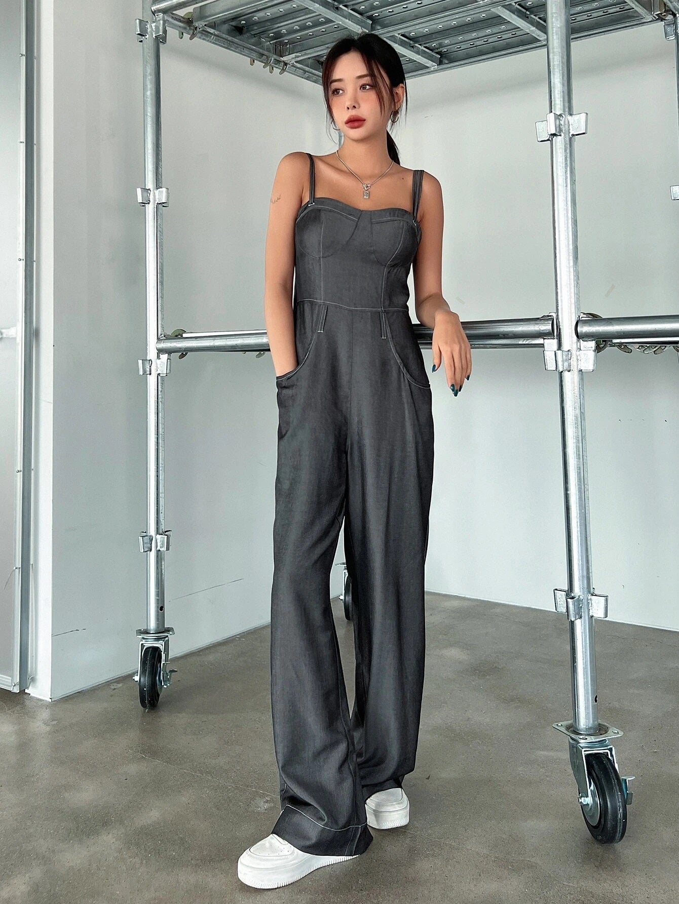 CM-JS020685 Women Casual Seoul Style Solid Slant Pocket Zip Back Cami Jumpsuit - Dark Gray