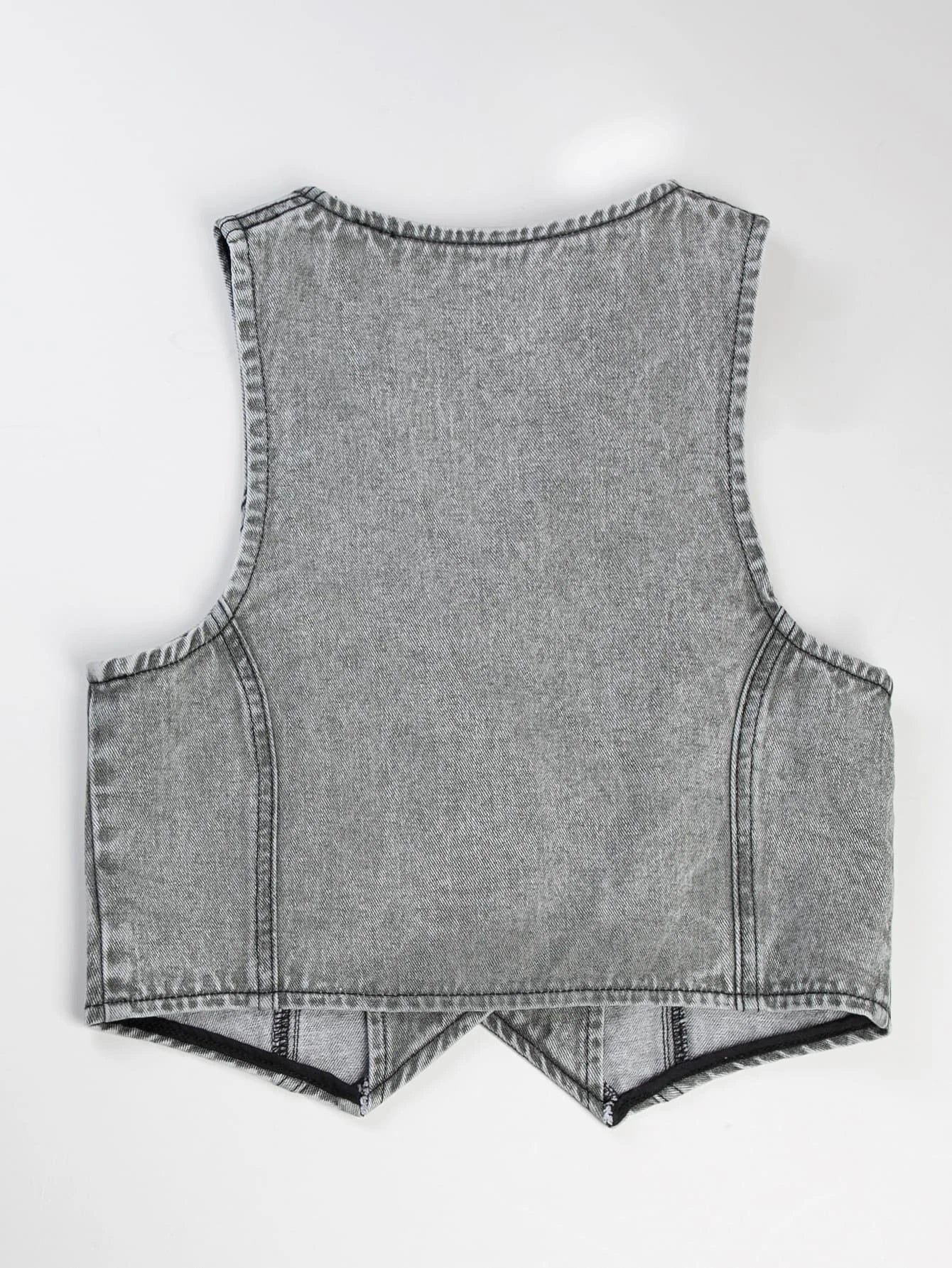 CM-CS025755 Women Preppy Seoul Style Acid Wash Button Up Denim Vest - Light Gray