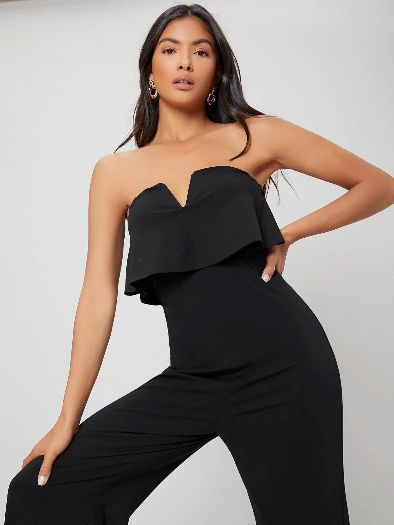 CM-JS126427 Women Elegant Seoul Style Tube V-Bar Sleeveless Jumpsuit - Black