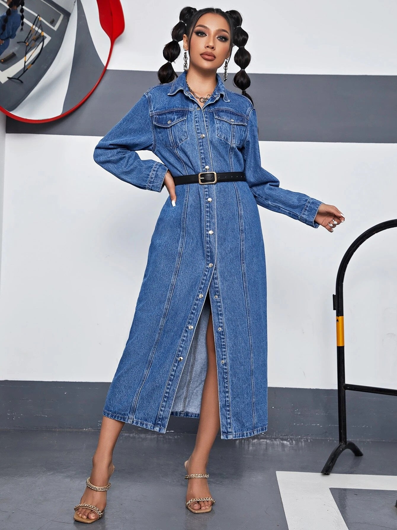 CM-DS932393 Women Preppy Seoul Style Dark Wash Flap Pocket Button Front Denim Dress