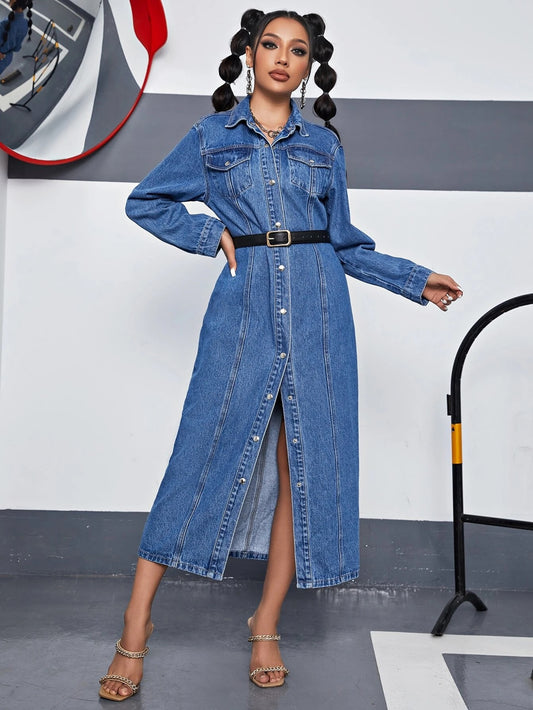 CM-DS932393 Women Preppy Seoul Style Dark Wash Flap Pocket Button Front Denim Dress