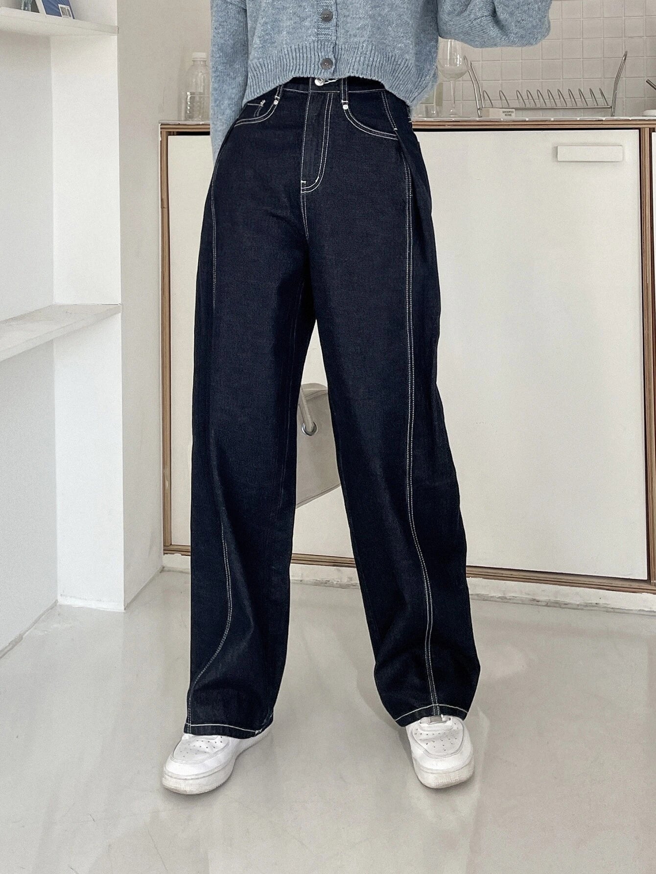 CM-BS180087 Women Casual Seoul Style Dark Wash Top-Stitching Wide Leg Jeans