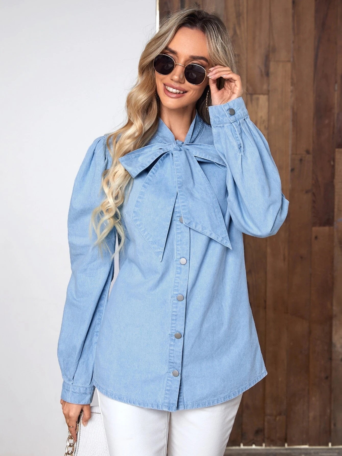 CM-TS126945 Women Casual Seoul Style Light Wash Tie Neck Button Front Denim Top