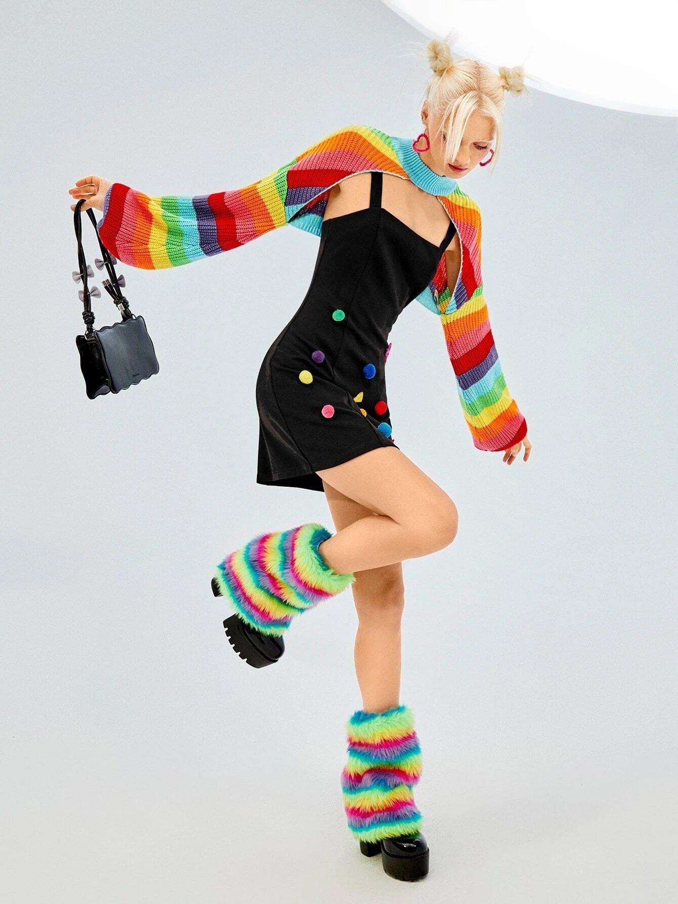 CM-CS337111 Women Casual Seoul Style Rainbow Striped Pattern Lantern Sleeve Shrug Sweater