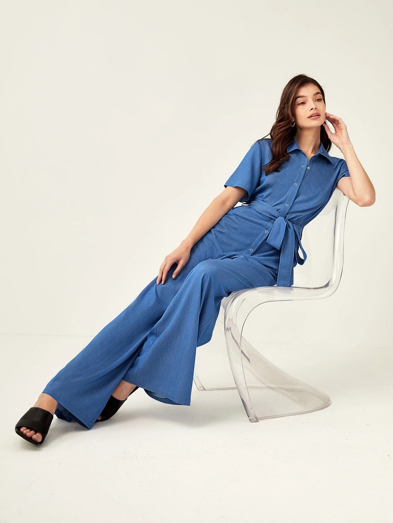 CM-JS779867 Women Elegant Seoul Style Short Sleeve Hidden Pocket Belted Jumpsuit - Blue