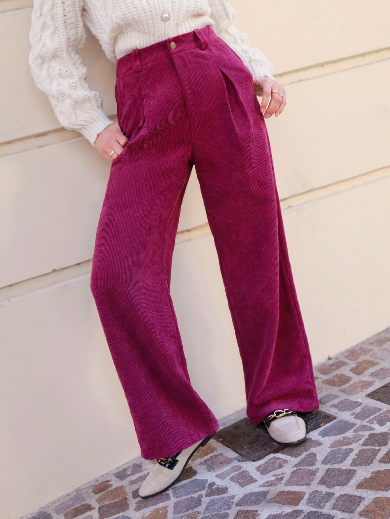 CM-BS034643 Women Casual Seoul Style High Waist Fold Pleated Corduroy Pants