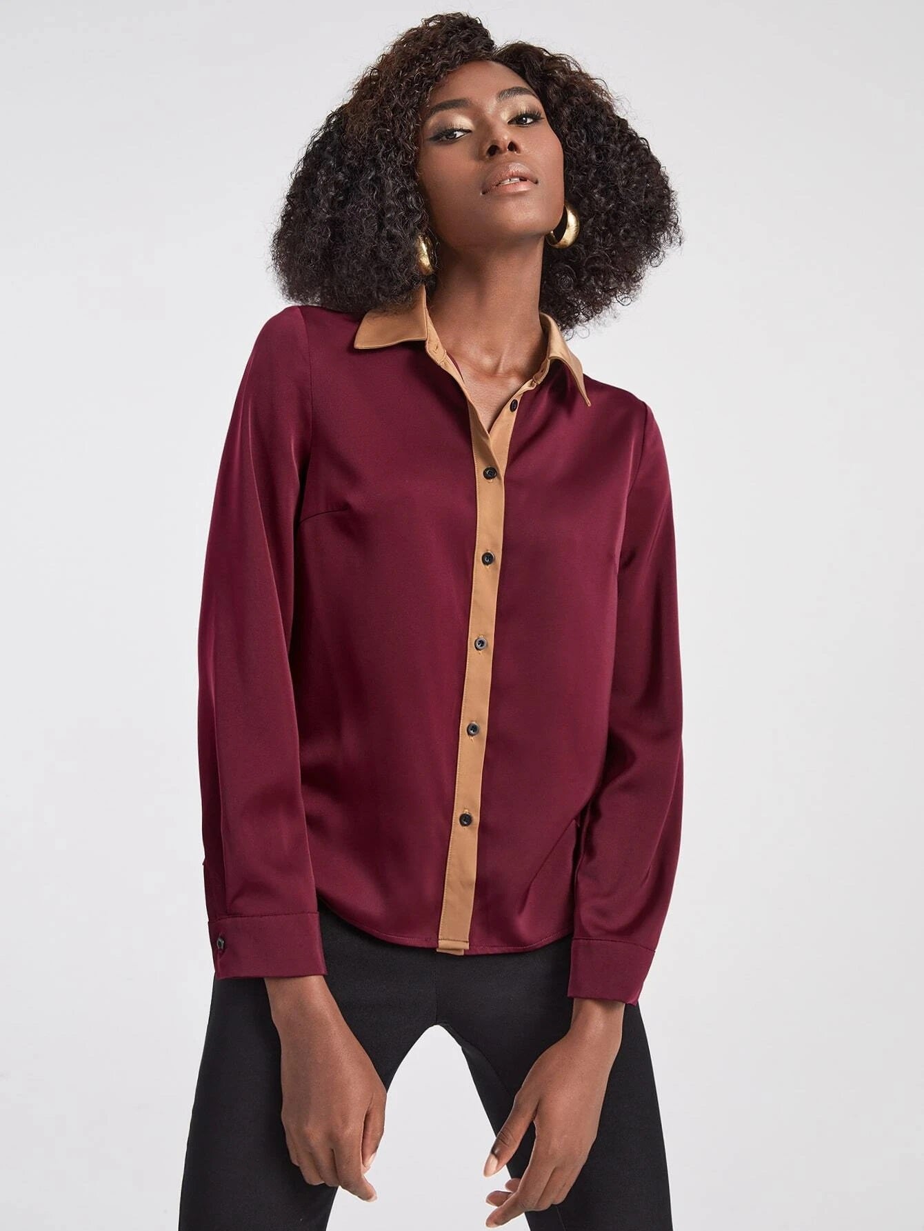 CM-TS460111 Women Elegant Seoul Style Contrast Trim Button Back Shirt - Burgundy