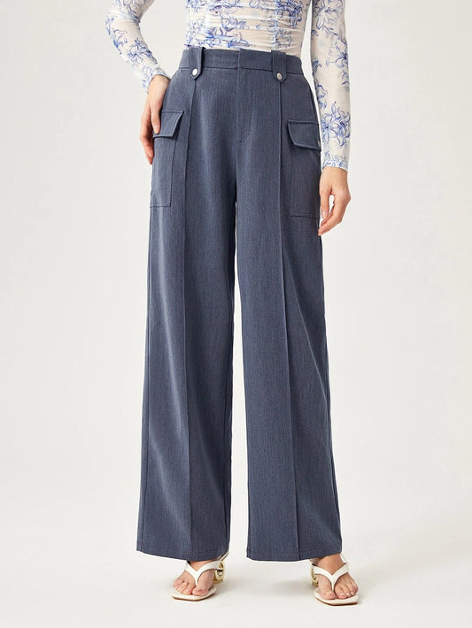 CM-BS088841 Women Elegant Seoul Style High Waist Flap Pocket Wide Leg Pants - Dusty Blue
