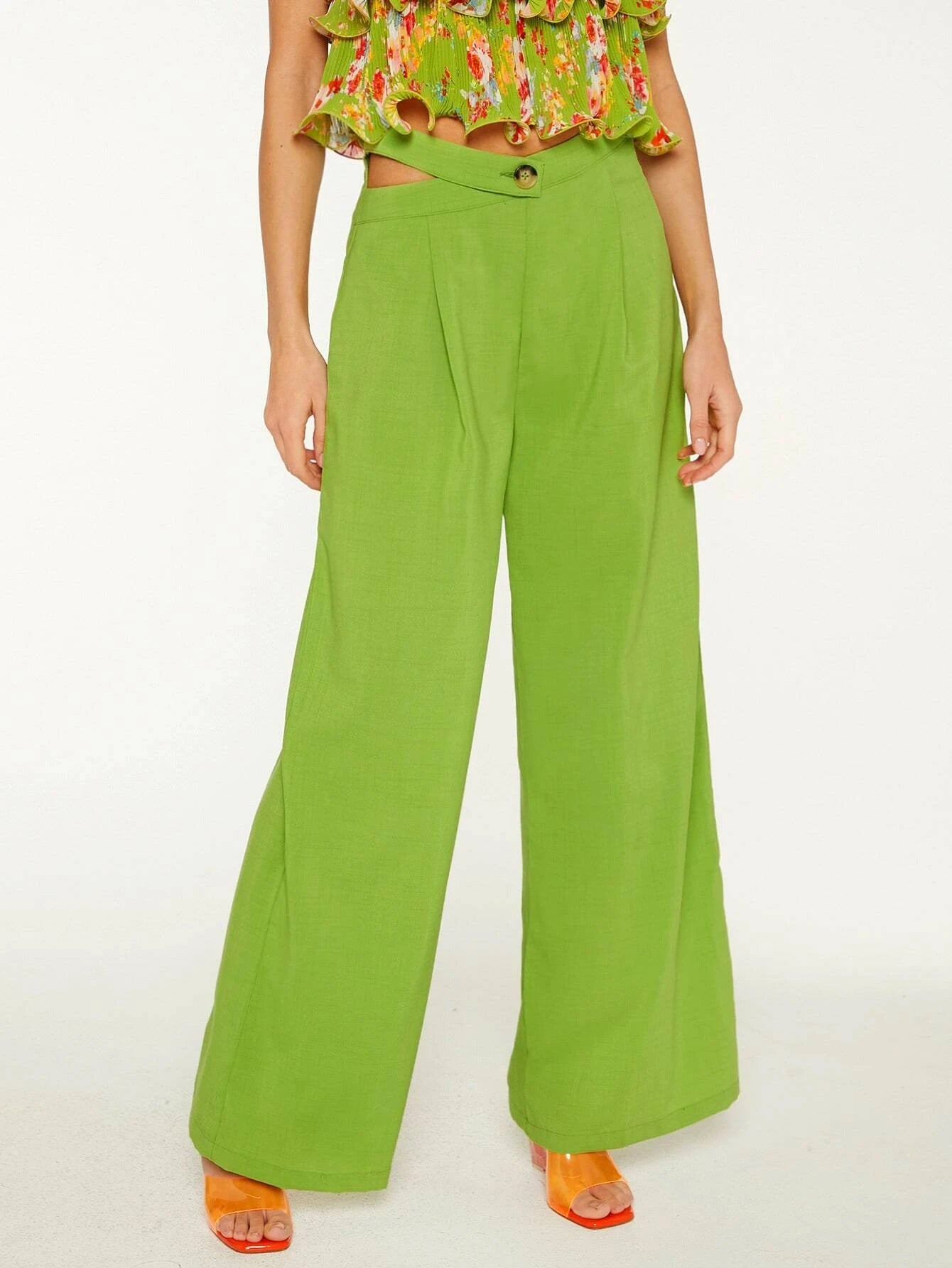 CM-BS971157 Women Elegant Seoul Style High Waist Solid Wide Leg Pants - Lime Green