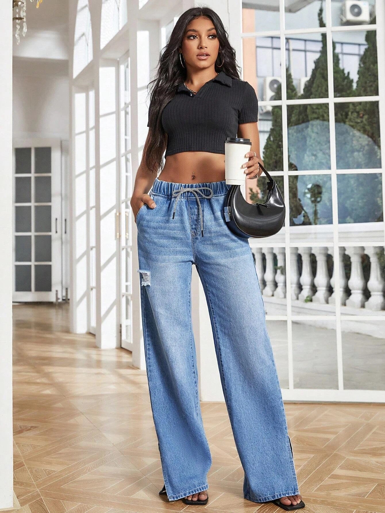CM-BS911103 Women Preppy Seoul Style Drawstring Waist Split Hem Wide Leg Jeans