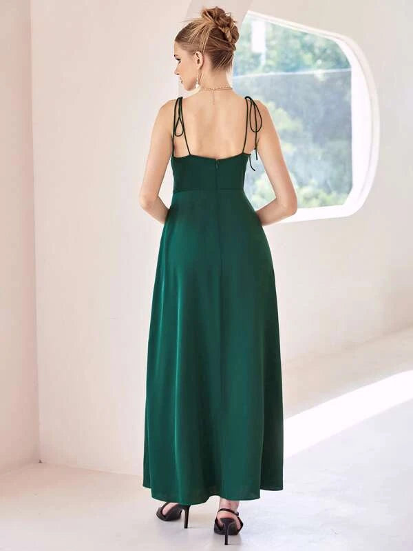 CM-DS512900 Women Elegant Seoul Style Tie Shoulder Solid Maxi Satin Cami Dress - Dark Green