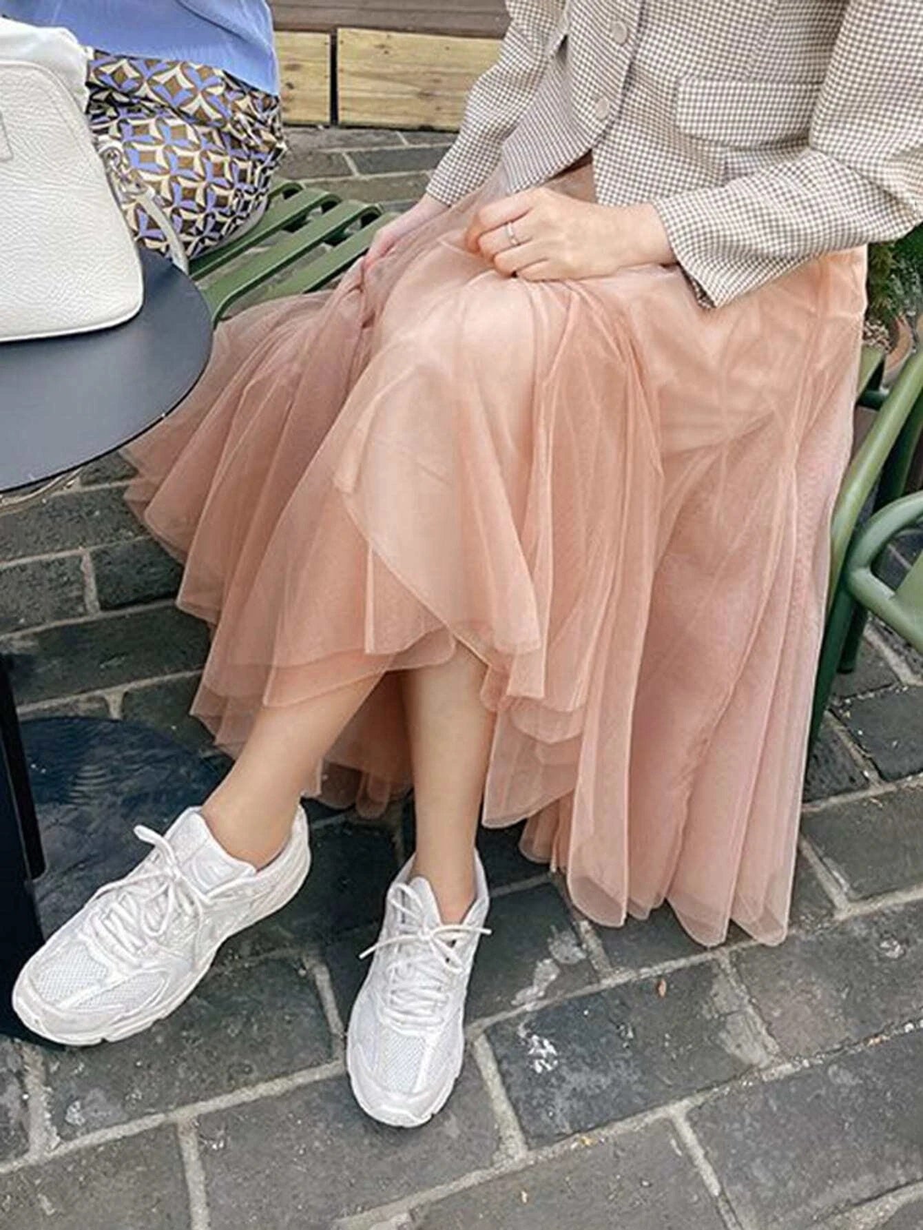 CM-BS872066 Women Trendy Seoul Style High Waist Solid Mesh Overlay Skirt - Coral Pink