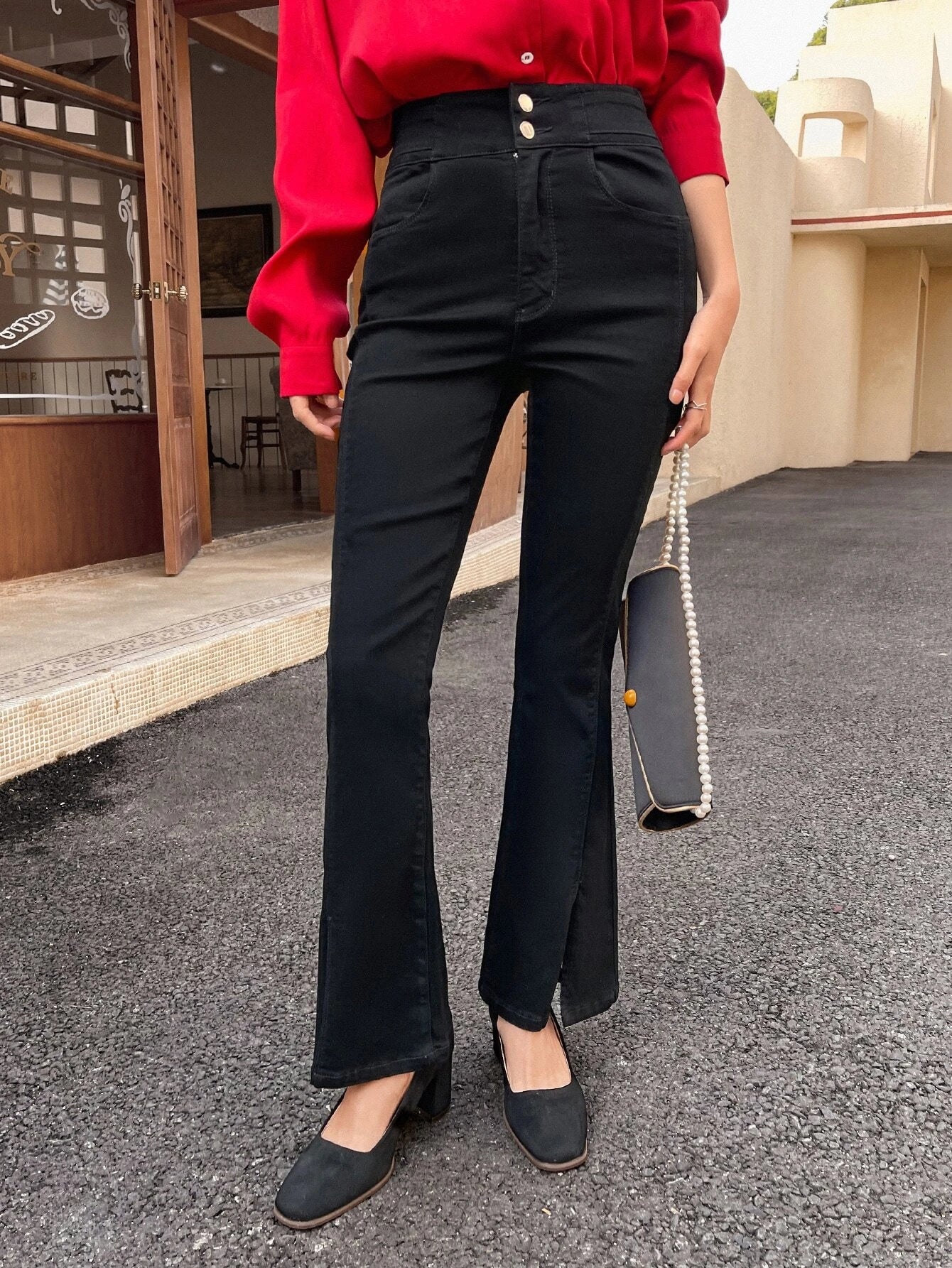 CM-BS187313 Women Casual Seoul Style High Waist Split Hem Flare Leg Jeans - Black