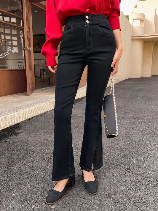 CM-BS187313 Women Casual Seoul Style High Waist Split Hem Flare Leg Jeans - Black