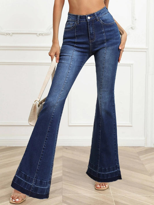 CM-BS487680 Women Preppy Seoul Style Dark Wash High Waist Seam Front Flare Leg Jeans