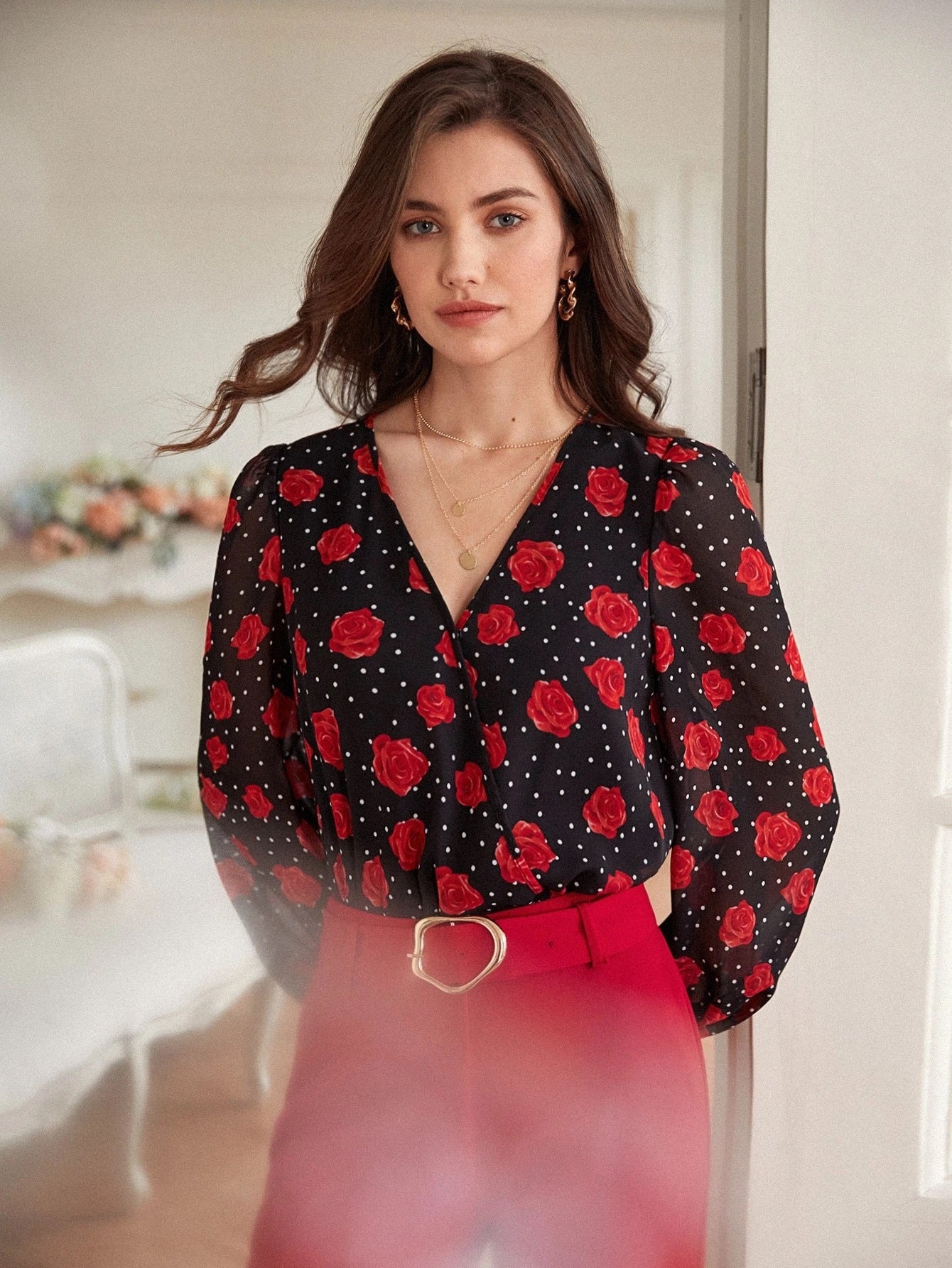 CM-TS064614 Women Casual Seoul Style V-Neck Polka Dot And Floral Print Bodysuit
