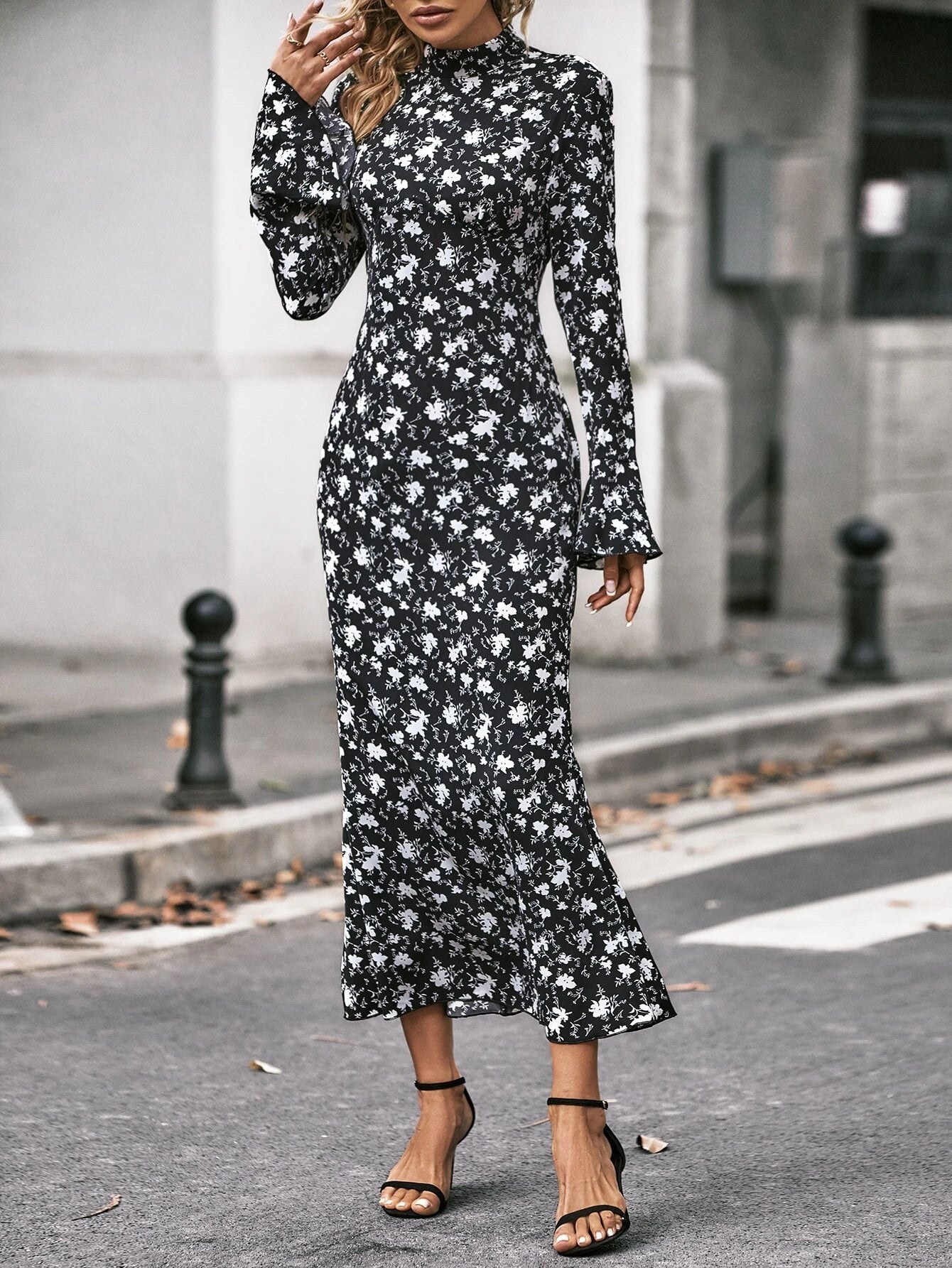 CM-DS281182 Women Casual Seoul Style Floral Print Flounce Sleeve Mermaid Hem Dress