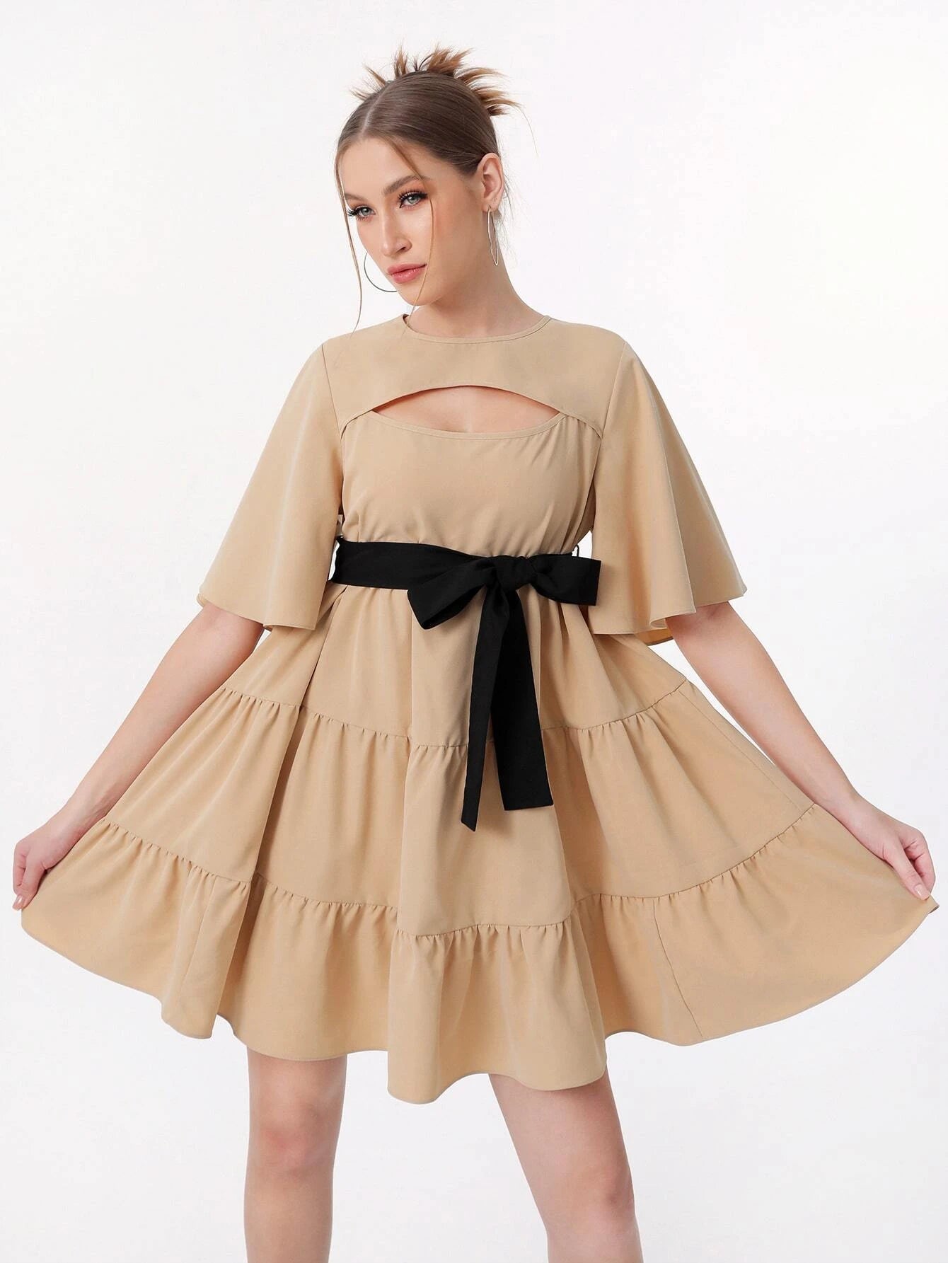 CM-DS558859 Women Elegant Seoul Style Cut Out Butterfly Sleeve Ruffle Hem Belted Dress