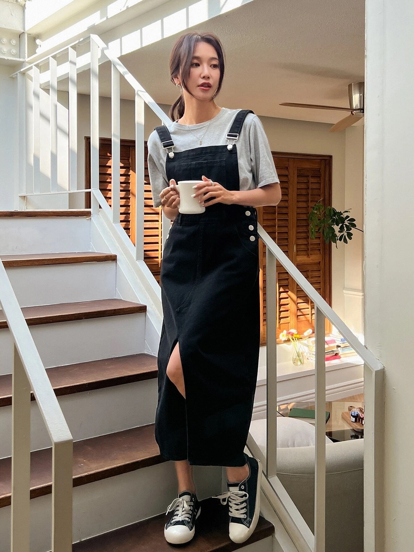 CM-DS100011 Women Preppy Seoul Style Slant Pocket Split Hem Overall Dress - Black