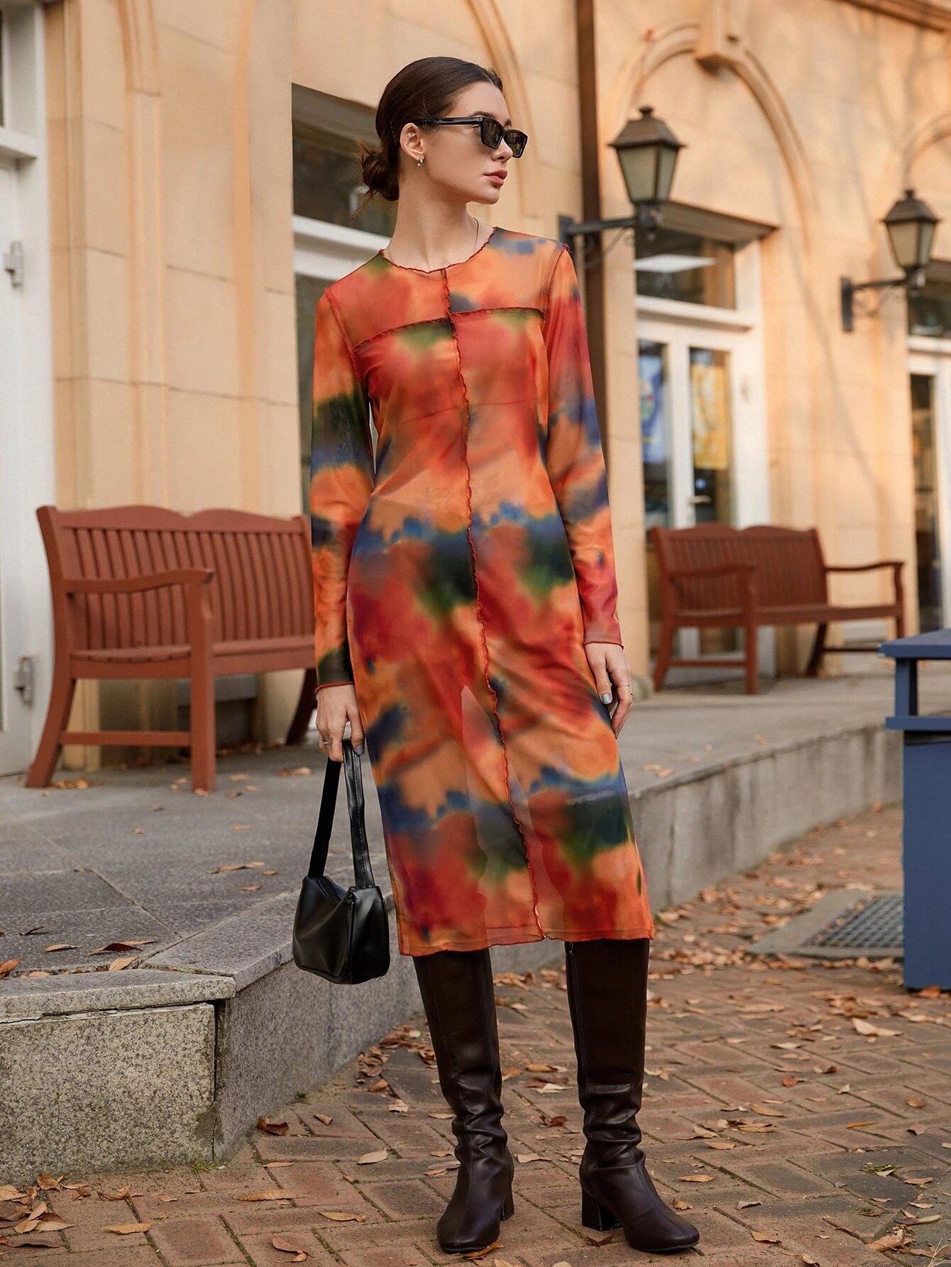 CM-TS133331 Women Casual Seoul Style Round Neck Tie Dye Split Thigh Longline Top