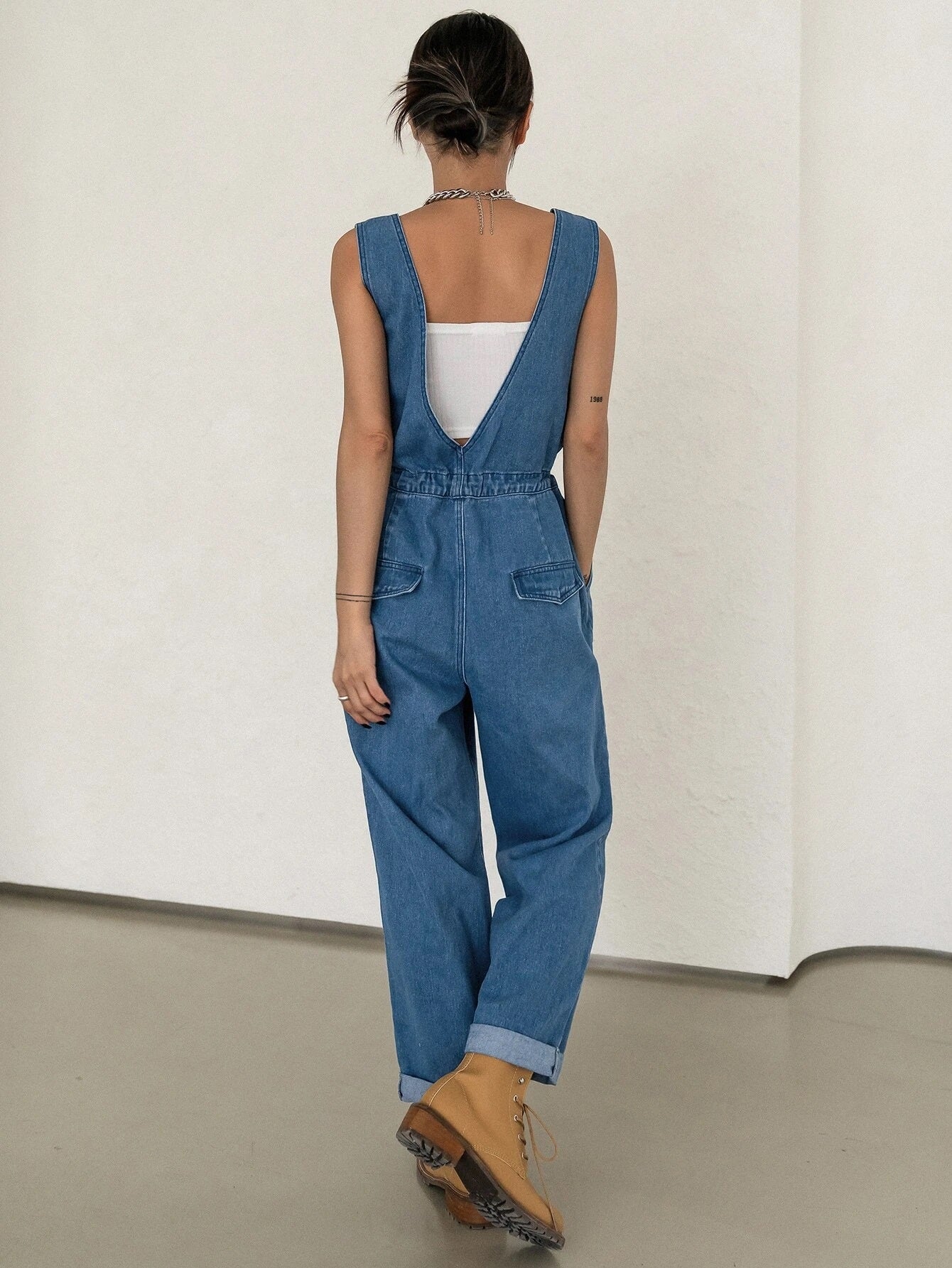 CM-JS573092 Women Preppy Seoul Style Plicated Detail Drawstring Waist Denim Overalls